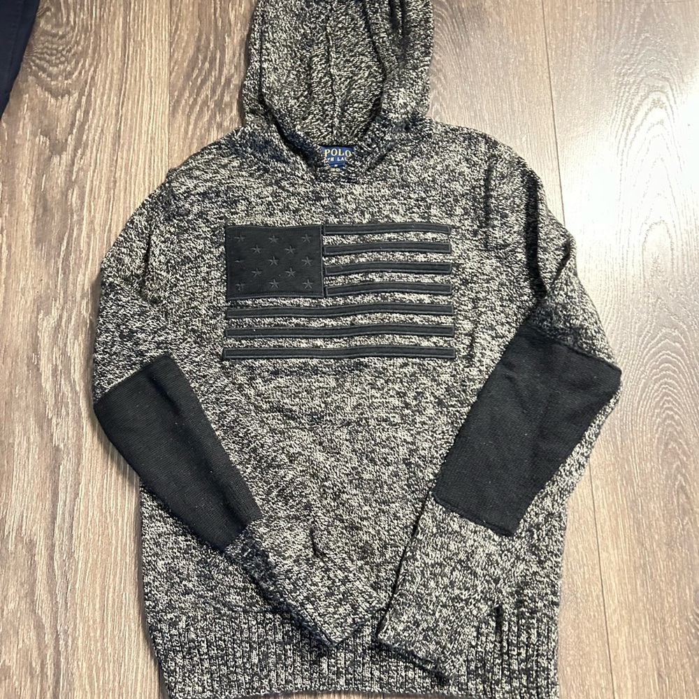 Polo by Ralph Lauren Gray Hooded Sweater with American Flag Graphic